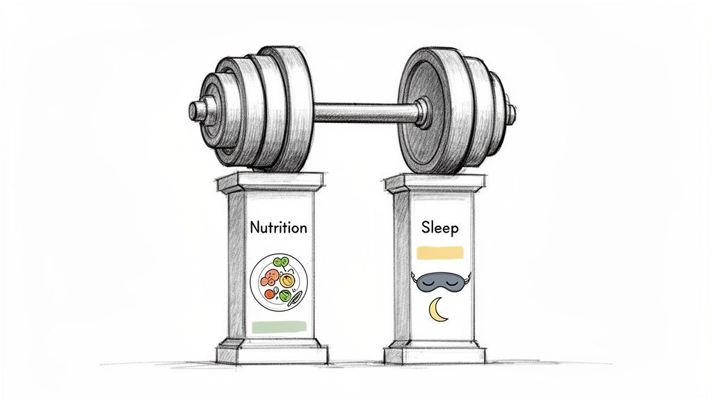 A sketch of a heavy dumbbell balanced on two pillars, one labeled 'Nutrition' with food, the other 'Sleep' with a mask.