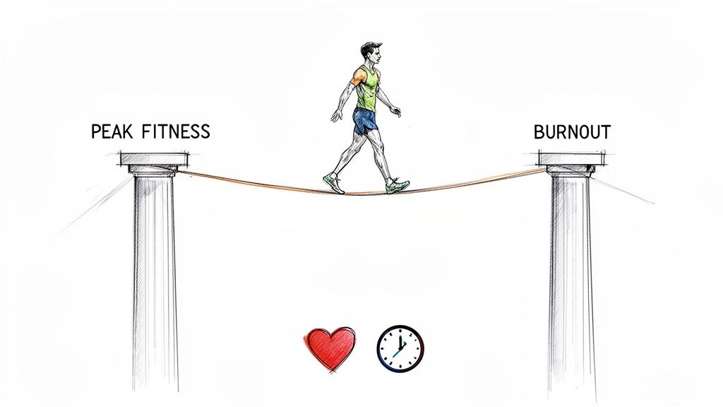 A man on a tightrope balancing between 'PEAK FITNESS' and 'BURNOUT' pillars, symbolizing the delicate balance in training.