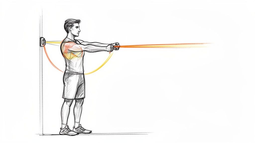 A man performs a standing chest press exercise using a resistance band anchored to a wall, highlighting chest muscles.