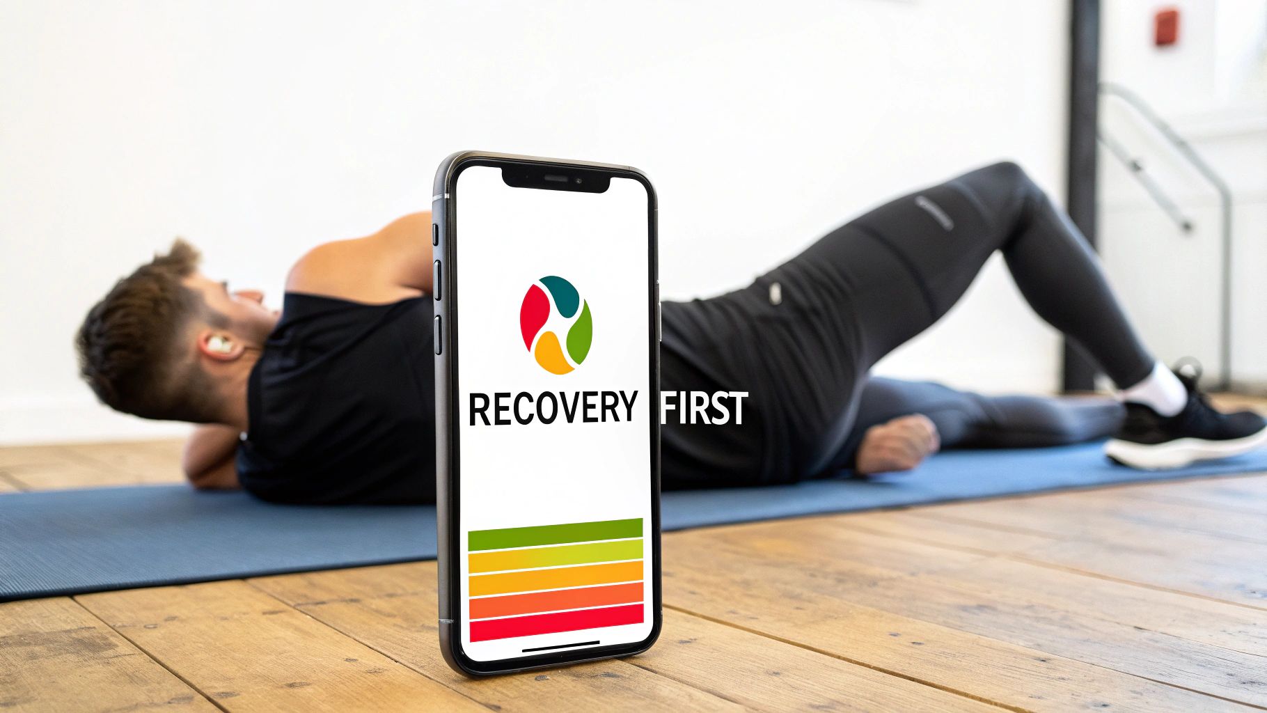 Athlete recovering on a yoga mat while using a 'Recovery First' fitness app on a smartphone.
