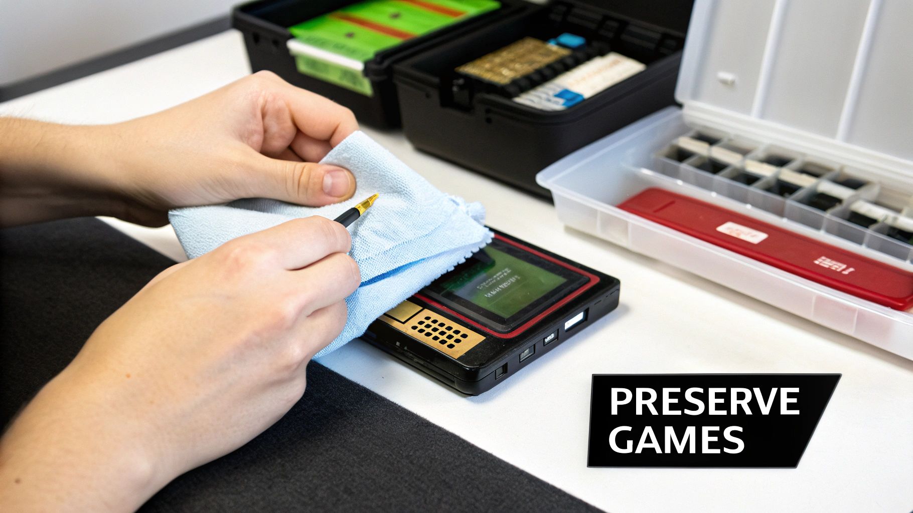 A person carefully cleaning a classic retro game cartridge with a cotton swab and cleaning solution.