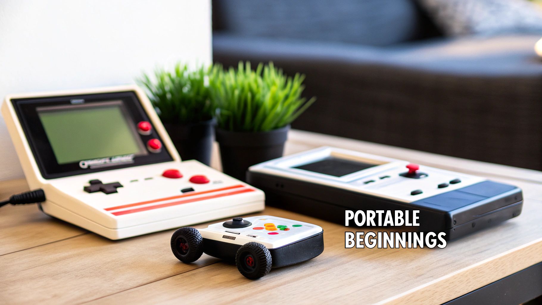 A classic Nintendo Game Boy handheld console displaying a game on its screen.