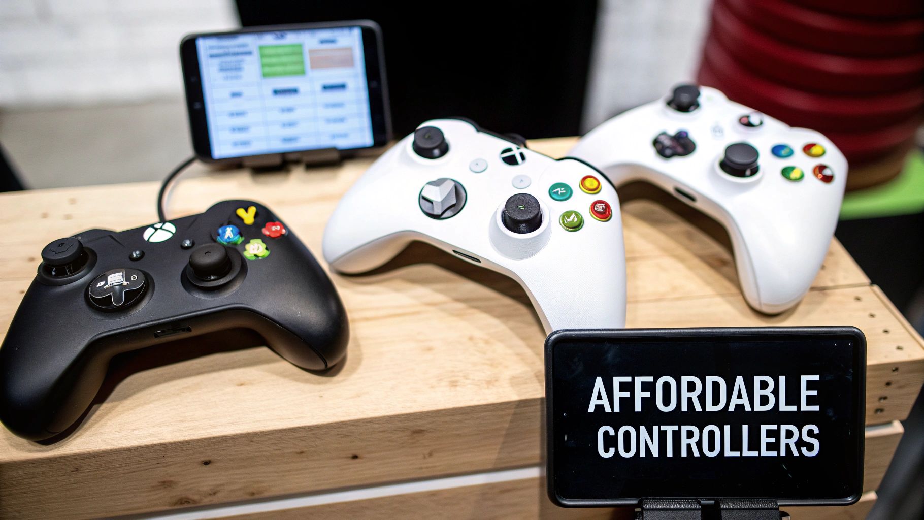 Close-up of a white Xbox 360 controller resting on a wooden surface.