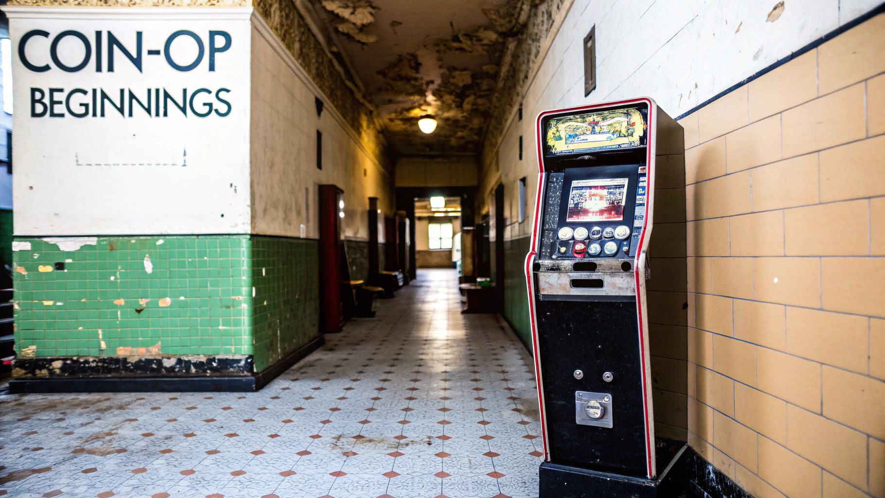 An old-fashioned mechanical fortune teller machine in a dimly lit room.