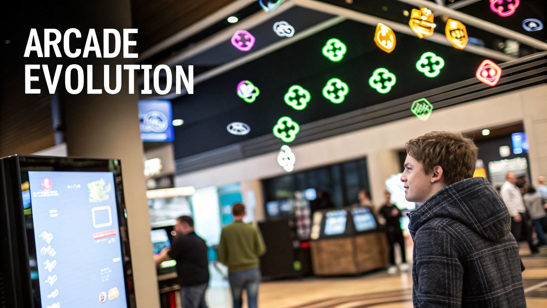 A person with a thoughtful expression looking at a computer screen displaying a classic arcade game.