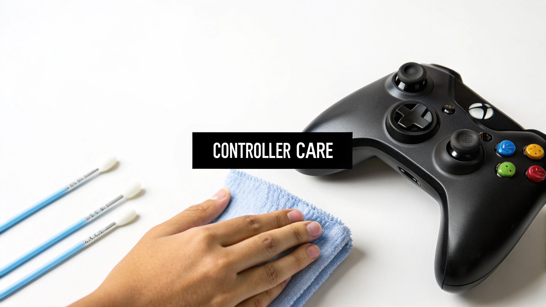 A person cleaning an Xbox 360 controller with a cloth.