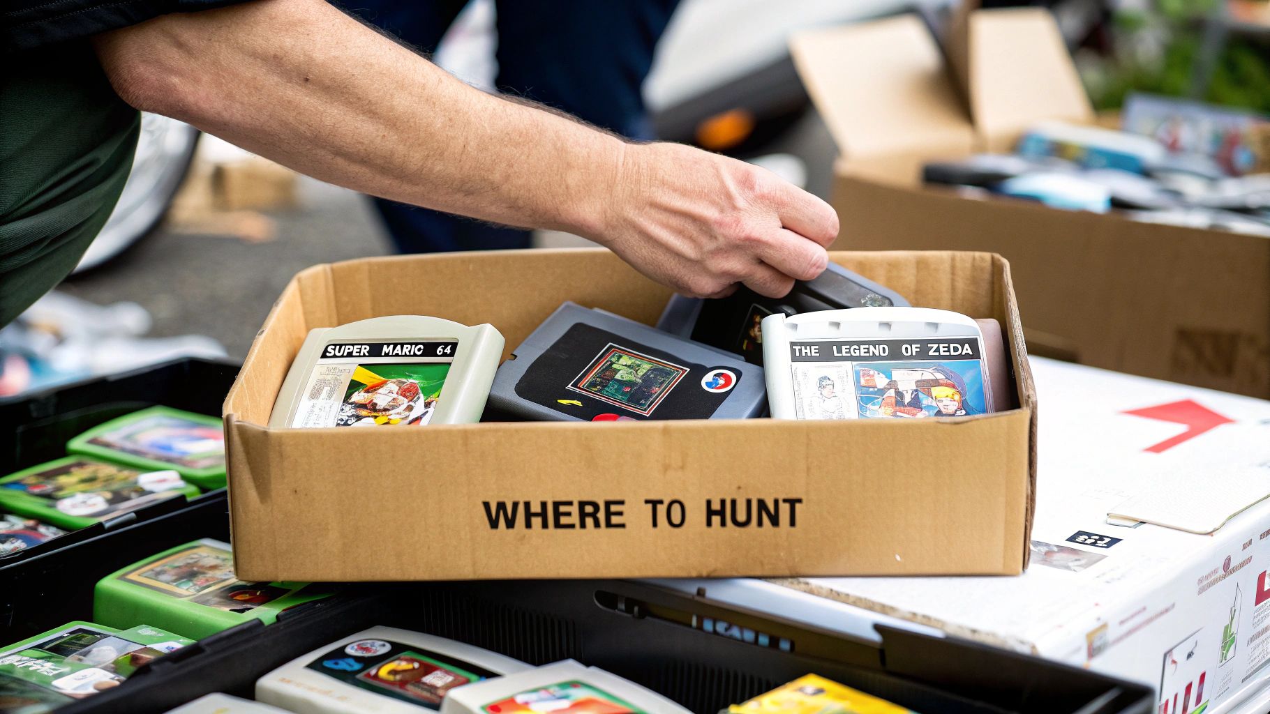 People looking at Nintendo 64 games displayed in a store.