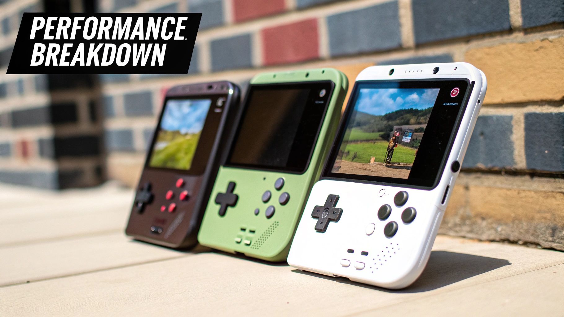 A close-up of a handheld gaming console showing its screen and controls in detail.