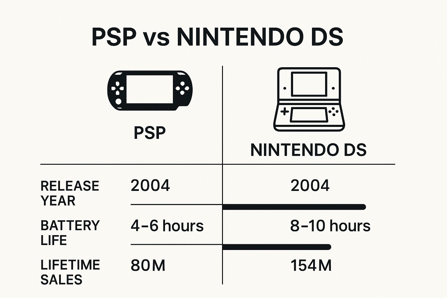 Infographic comparing the release year, battery life, and lifetime sales of the Sony PSP and the Nintendo DS.