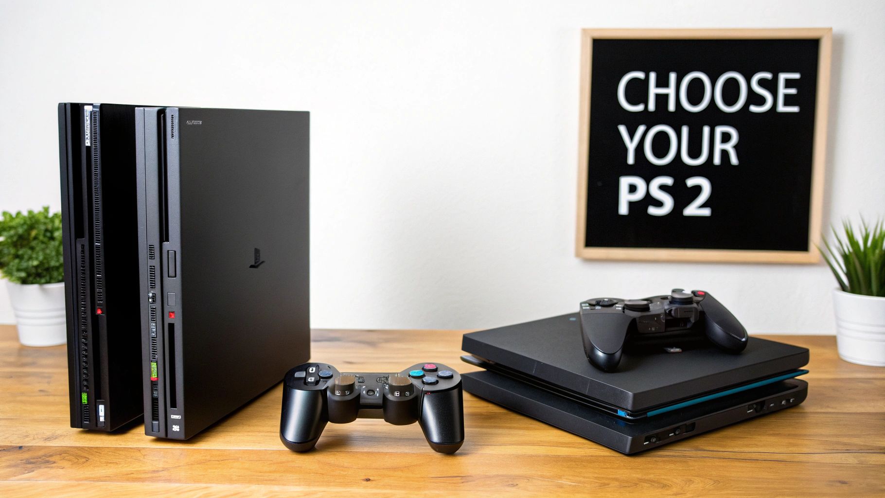 A classic PlayStation 2 console with a controller, set against a modern, stylish background.