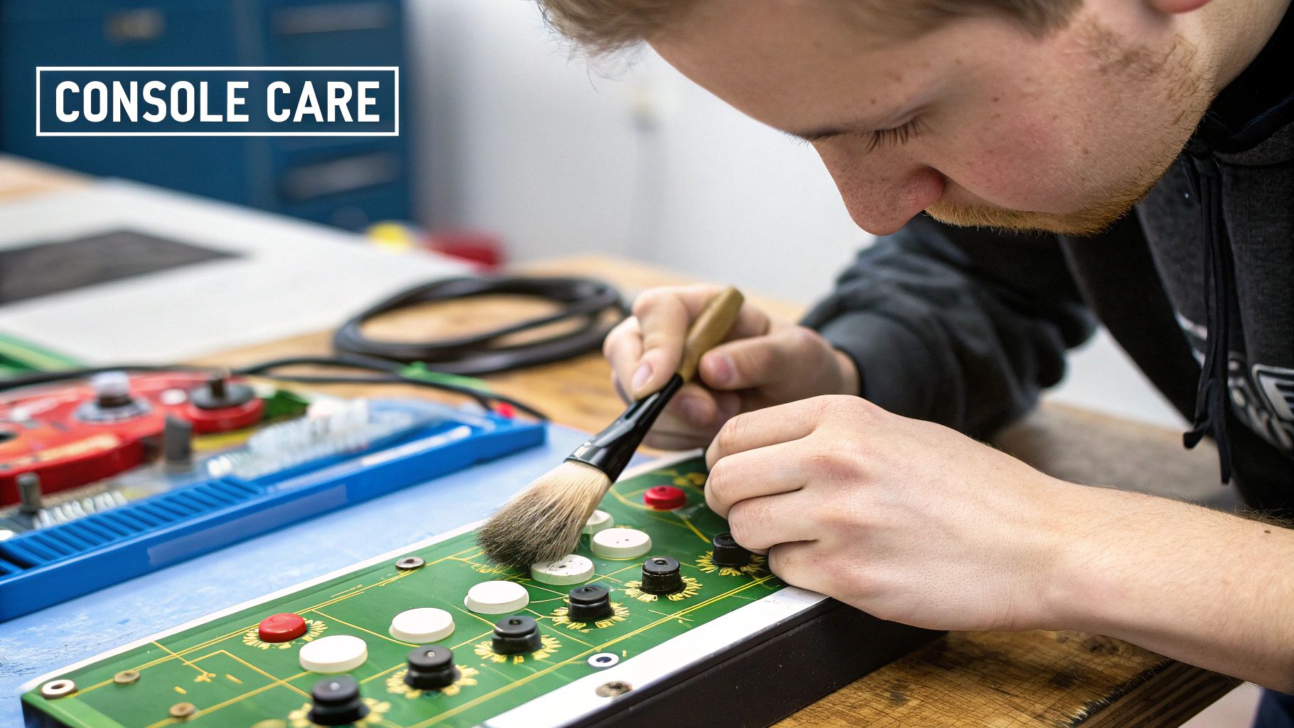 A person carefully cleaning a classic arcade game console with a soft cloth and specialized tools.
