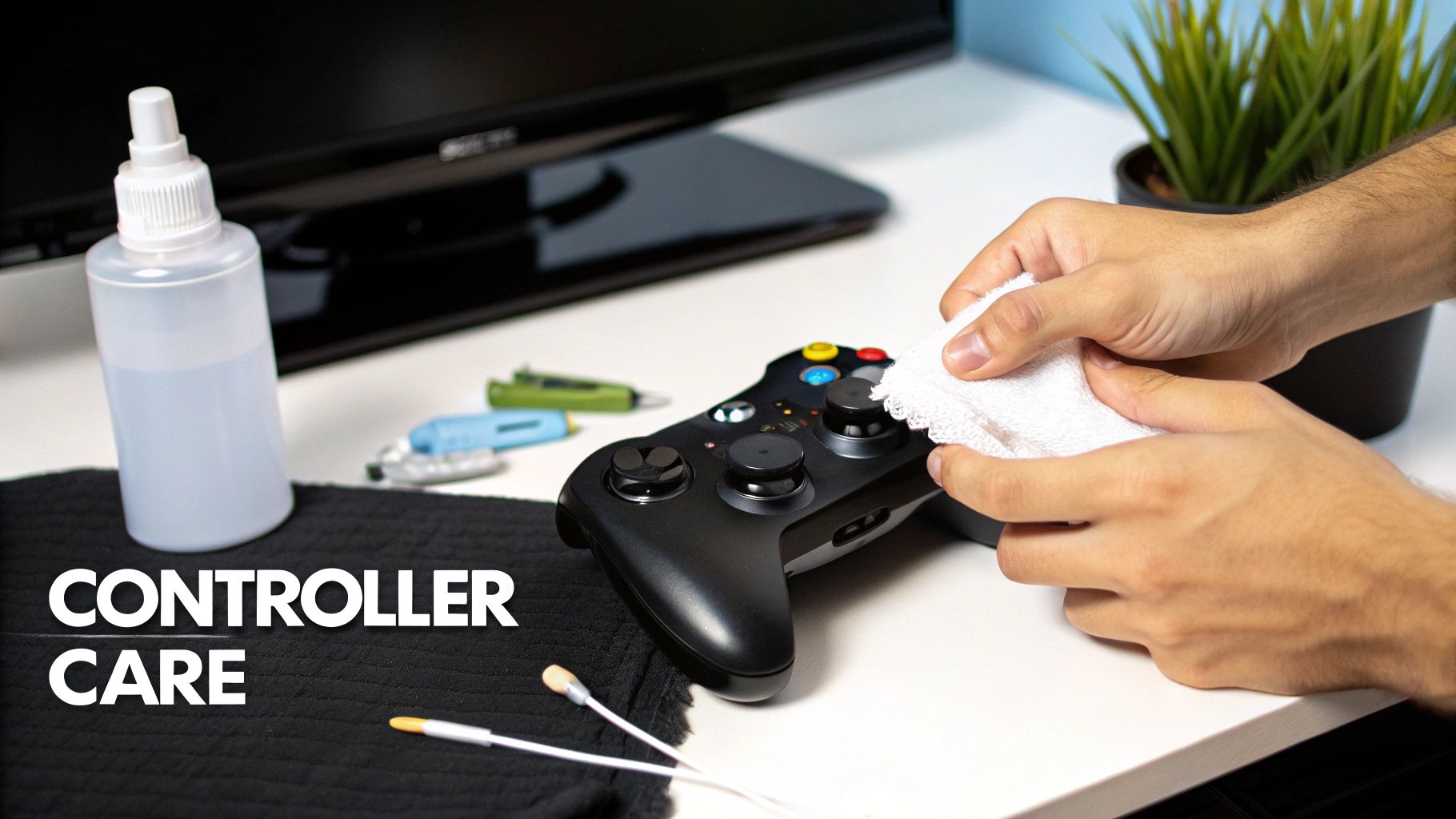 A person using a cotton swab to clean the crevices of a black Xbox 360 controller.
