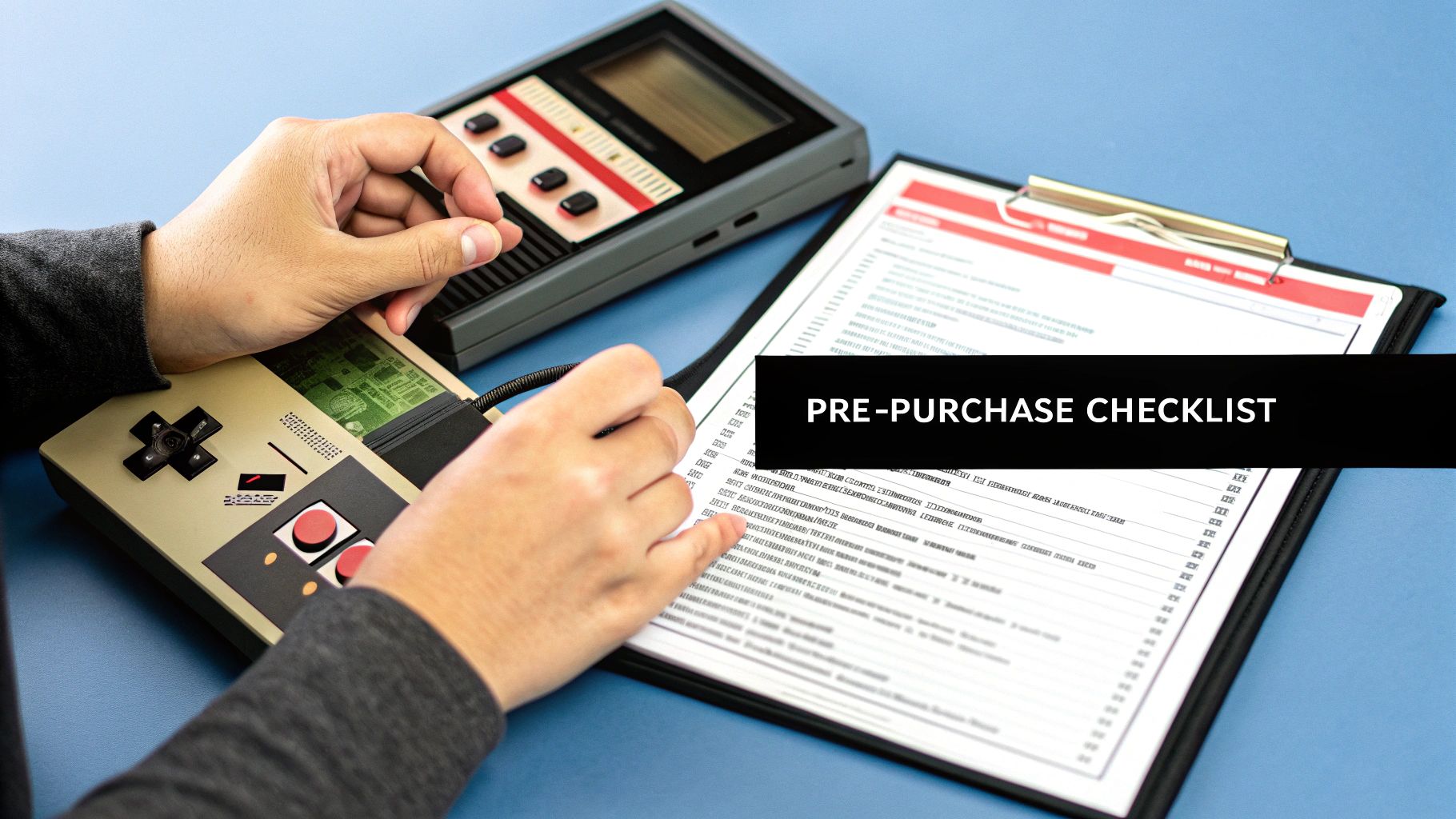 A person inspecting a classic Super Nintendo console.