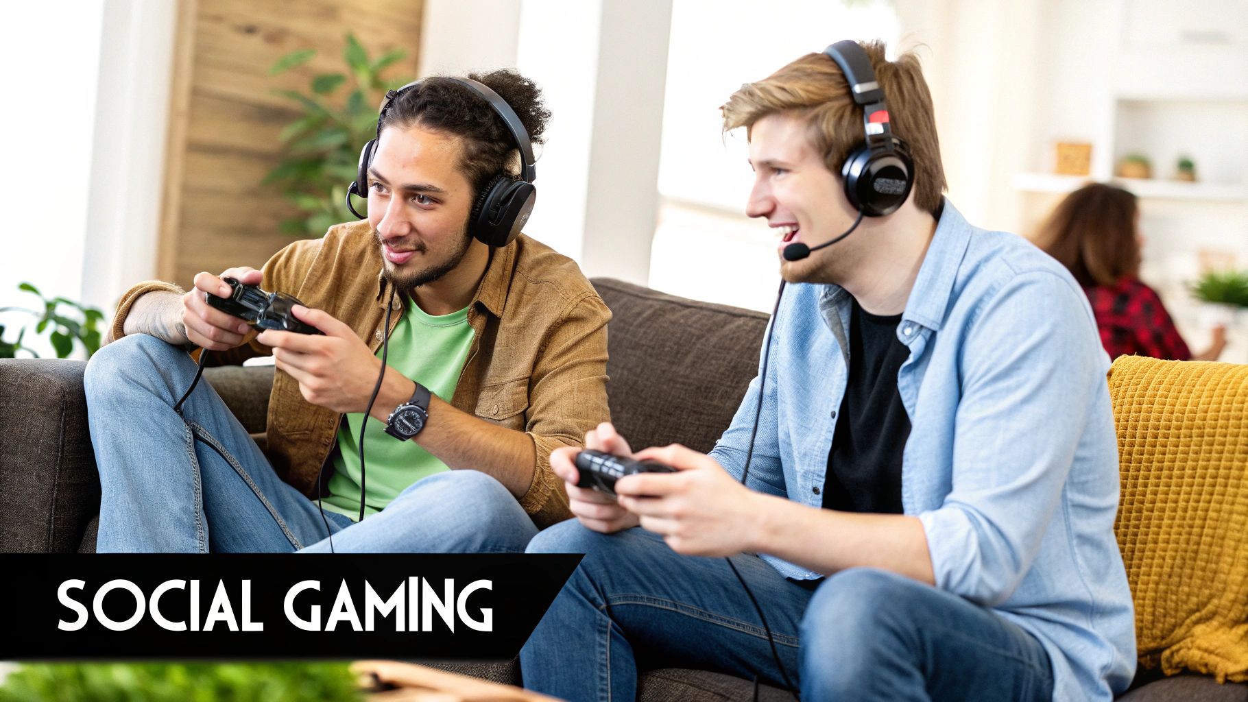 Friends playing video games together on a couch