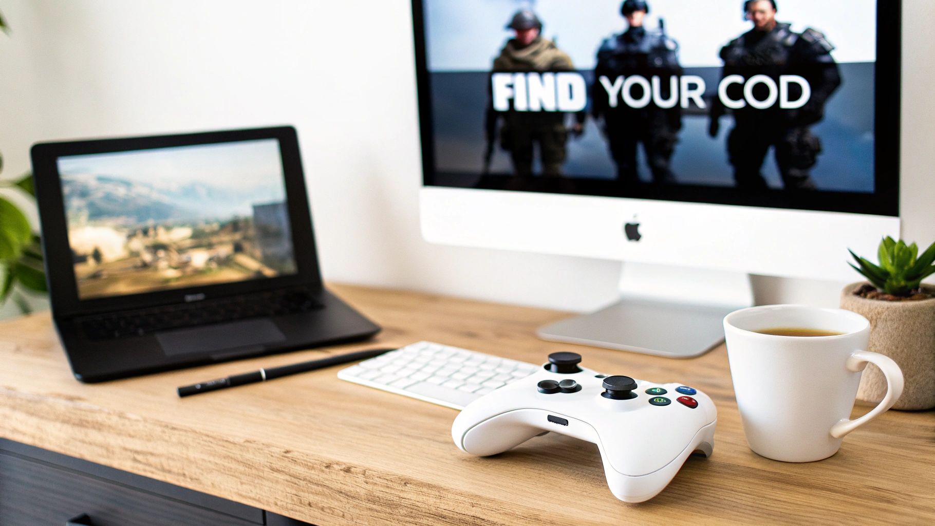 A soldier in full combat gear looking out over a battlefield at dusk