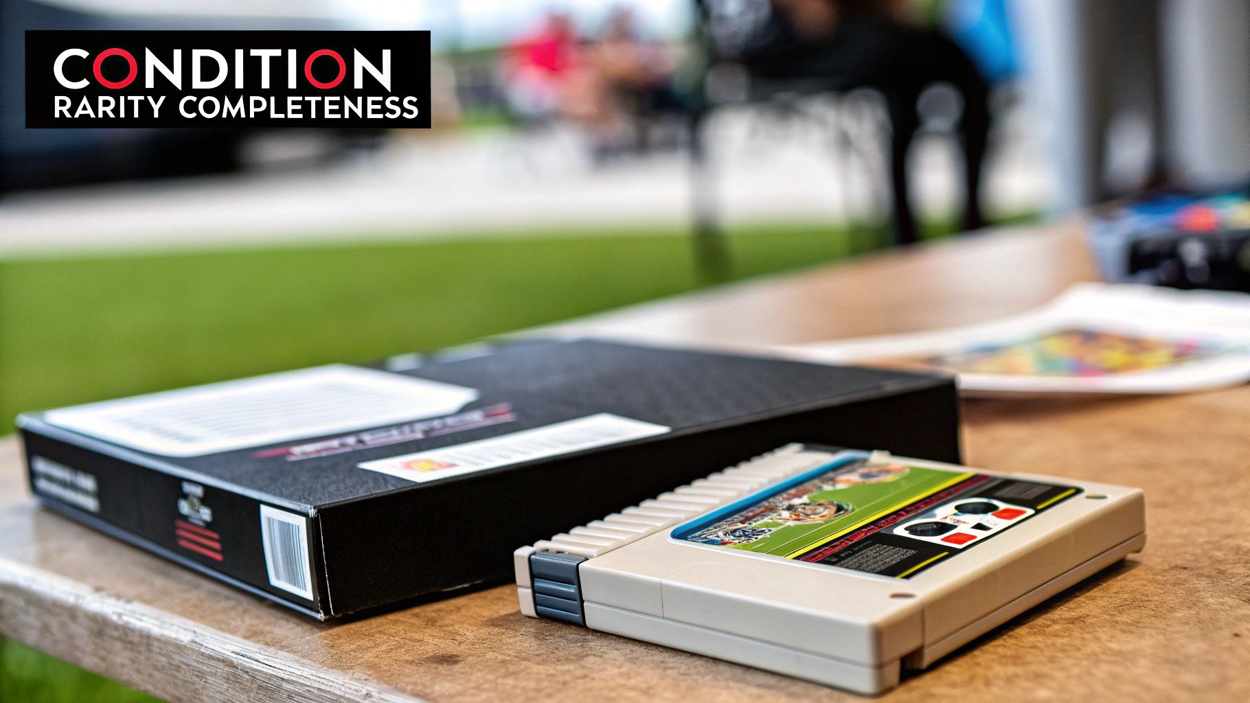 Three retro video game cartridges standing upright in a row.