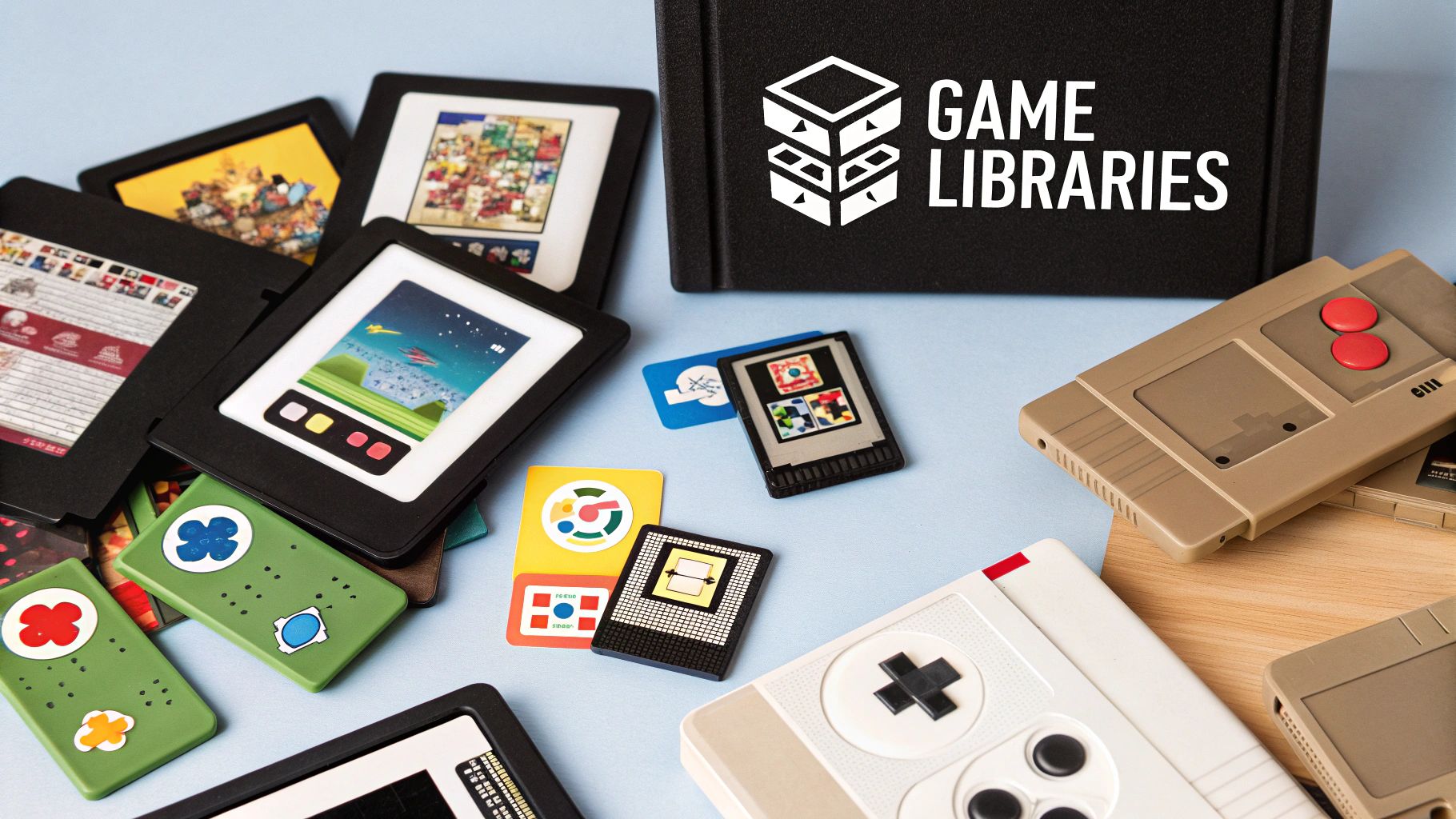 A collection of different handheld gaming consoles displayed on a shelf.