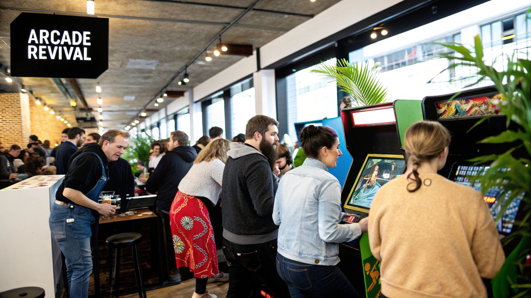 A modern barcade with adults playing classic arcade games and drinking craft beer.