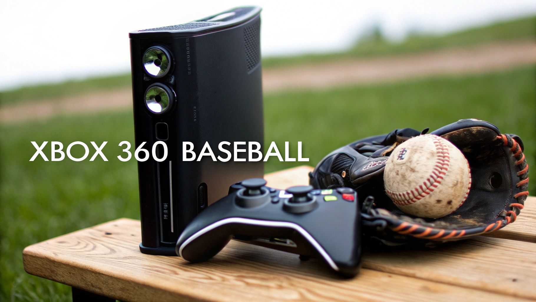 A classic Xbox 360 console and controller, representing the era of baseball gaming.