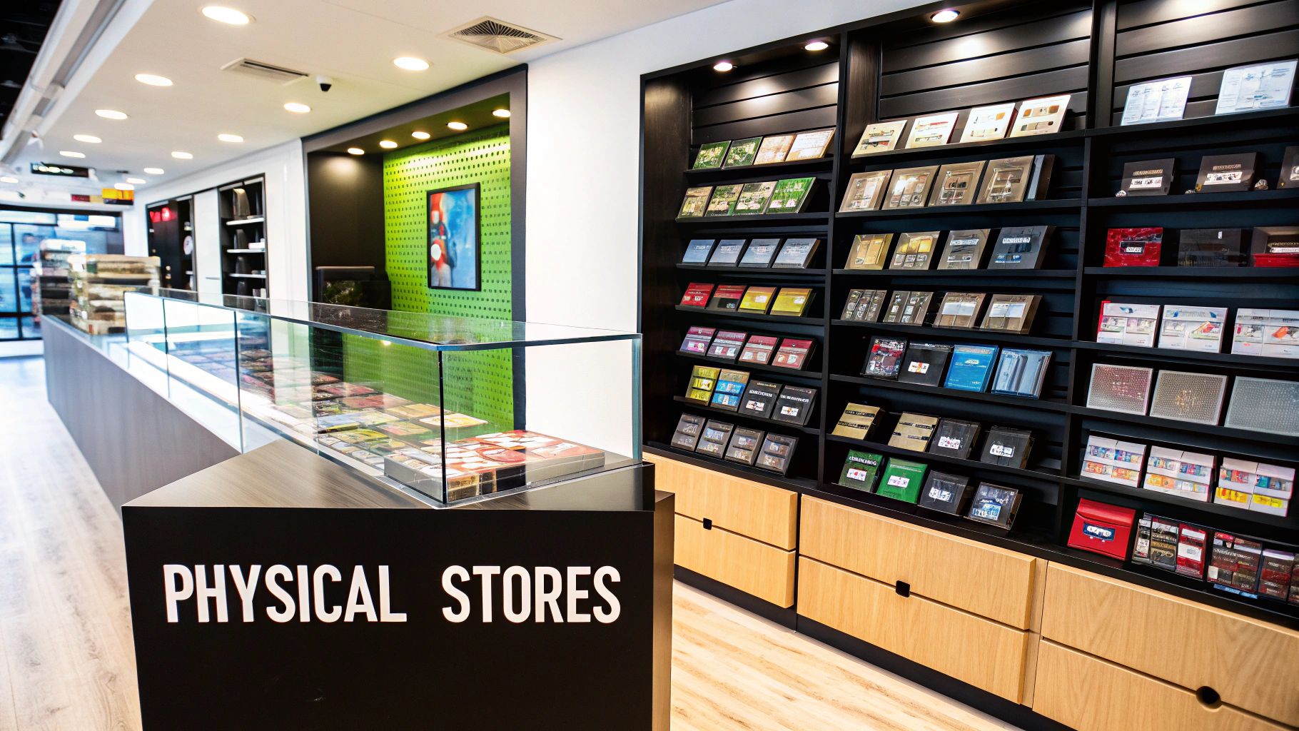 Retro video games and consoles displayed on a shelf in a specialty store.