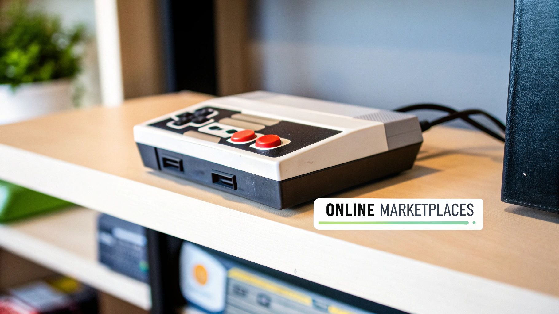 Close-up shot of a classic Nintendo Entertainment System controller and a game cartridge.