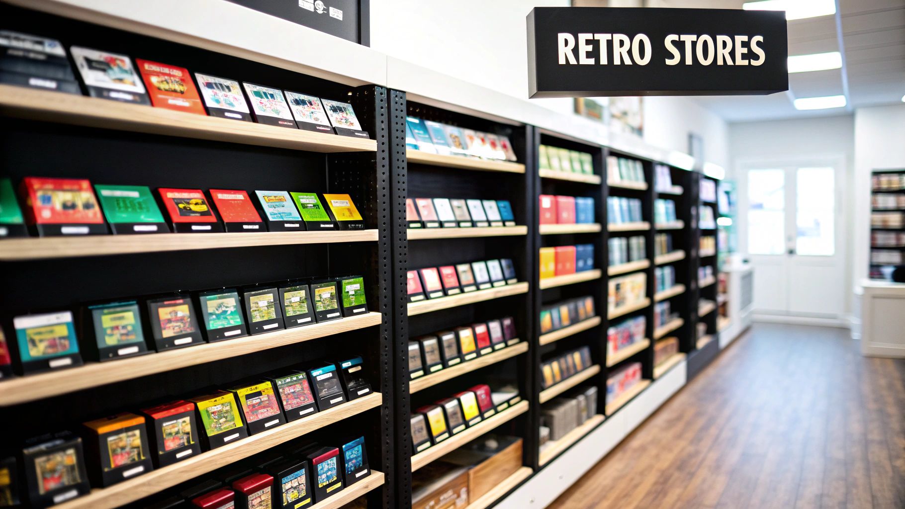 A shelf full of retro video game cartridges in a store.