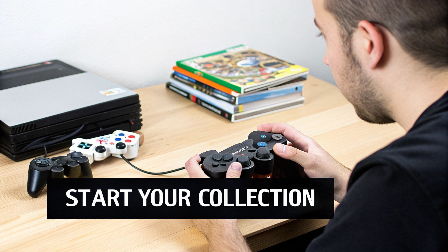 A collection of PS2 games and controllers ready for a gaming session.