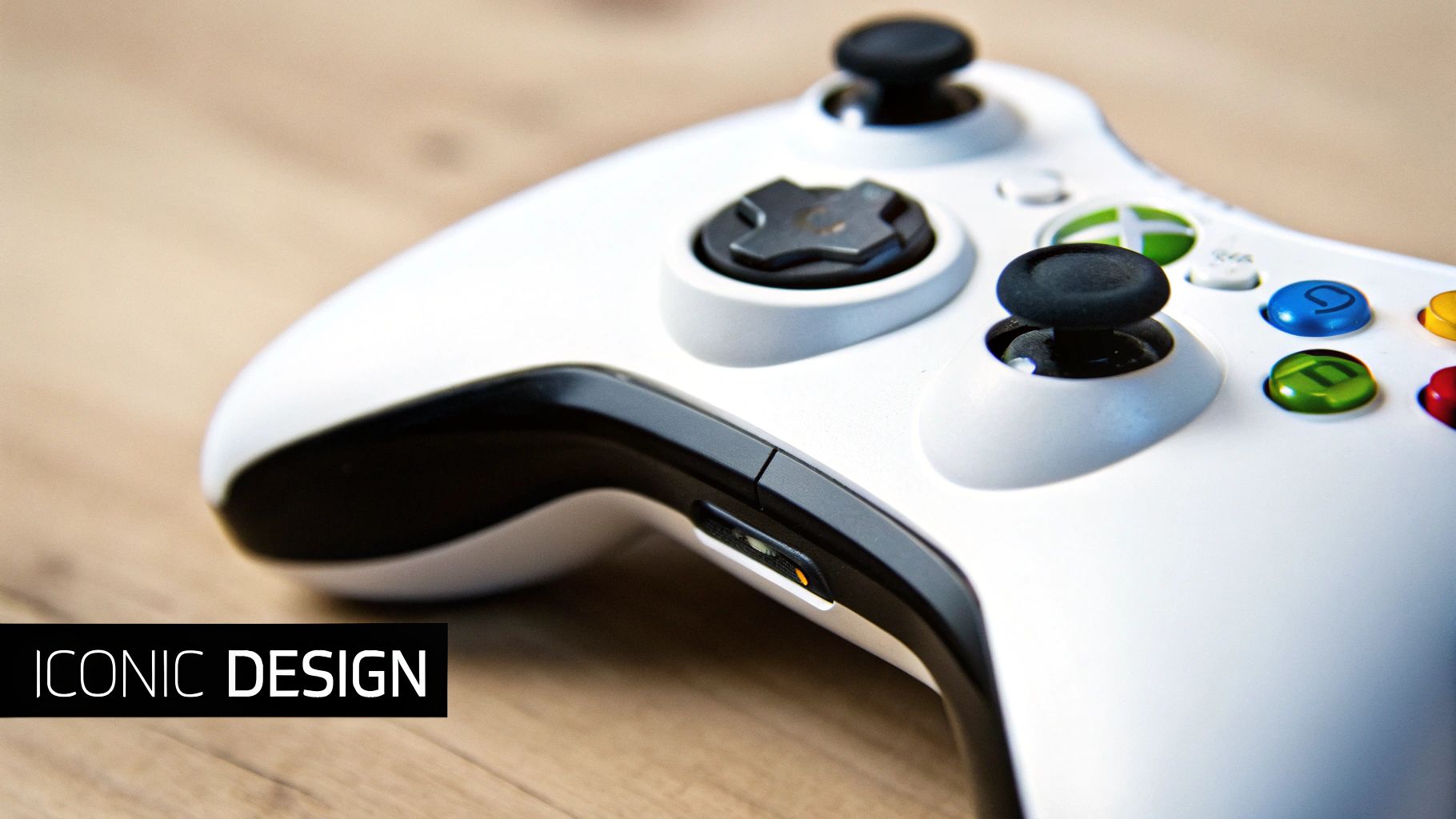 A close-up of an Xbox 360 controller's D-pad and left analog stick.