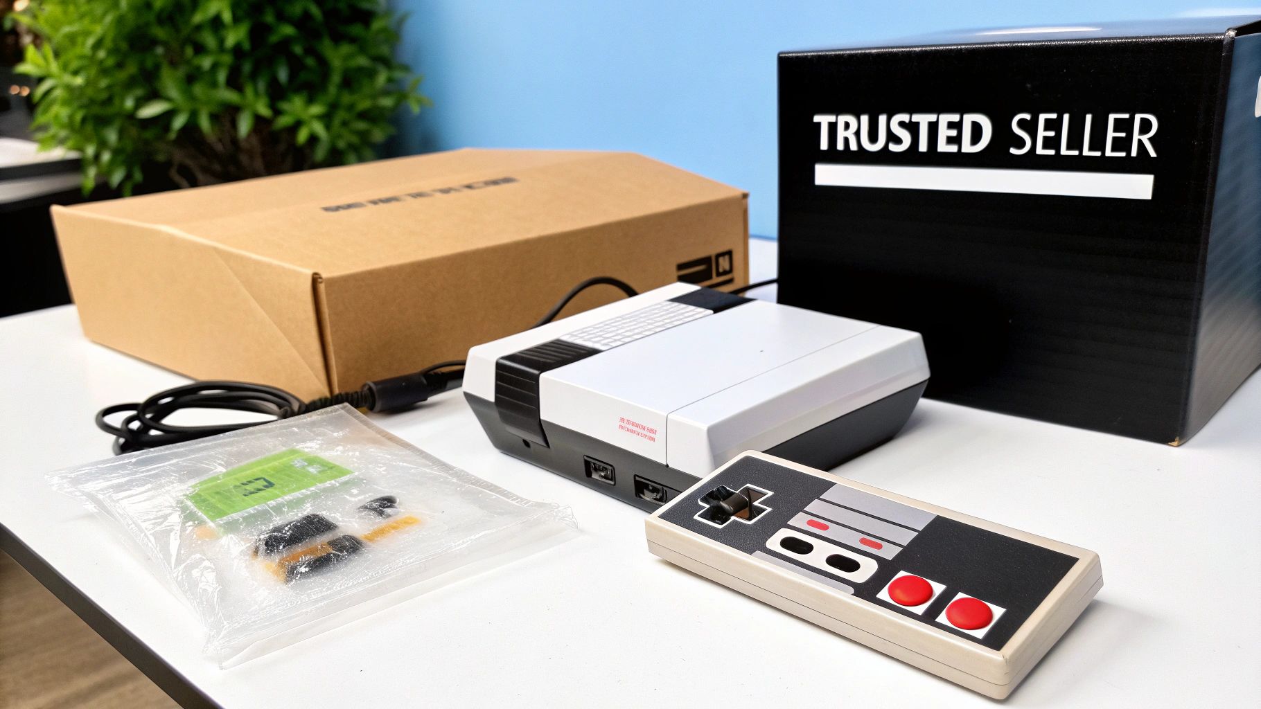 A collection of retro gaming consoles displayed on shelves.