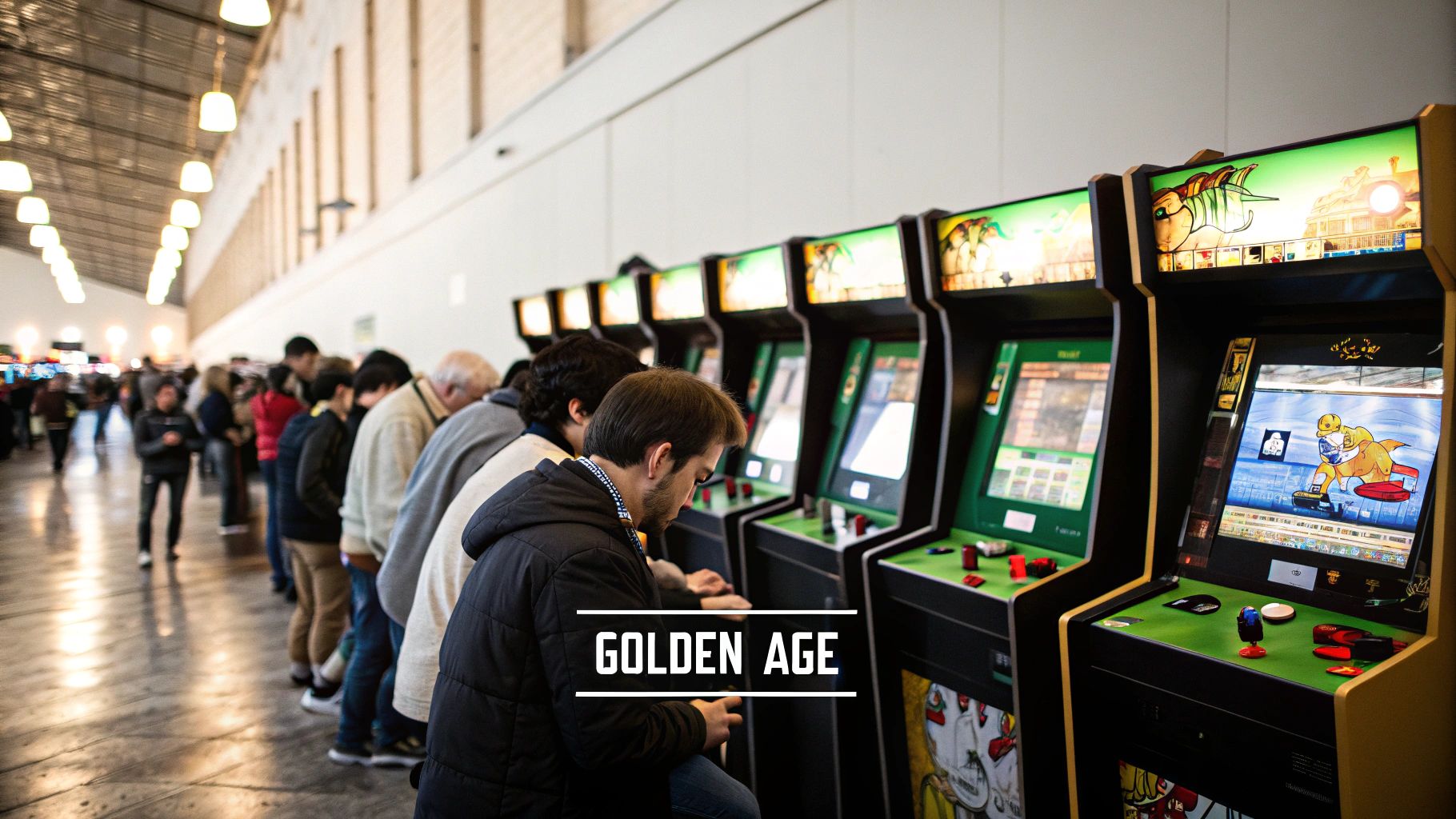 A vibrant, classic 1980s arcade filled with glowing game cabinets and teenagers playing.