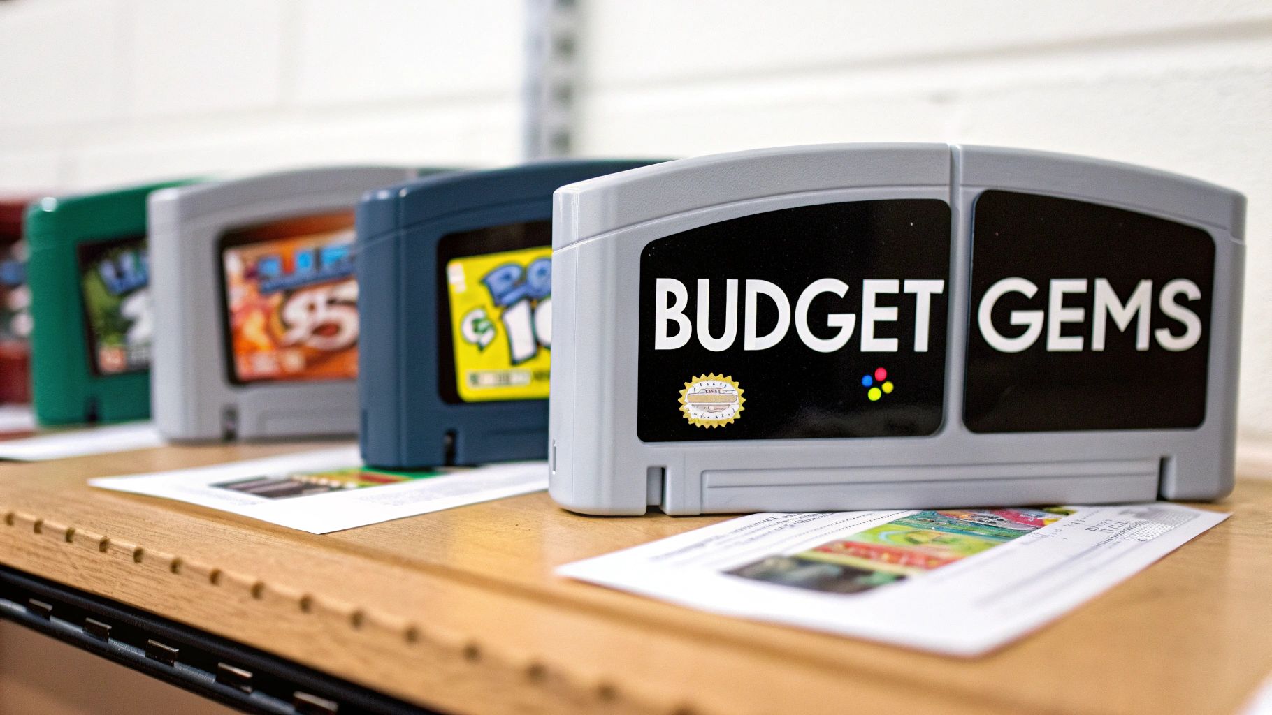 A collection of colorful Nintendo 64 game cartridges arranged neatly.