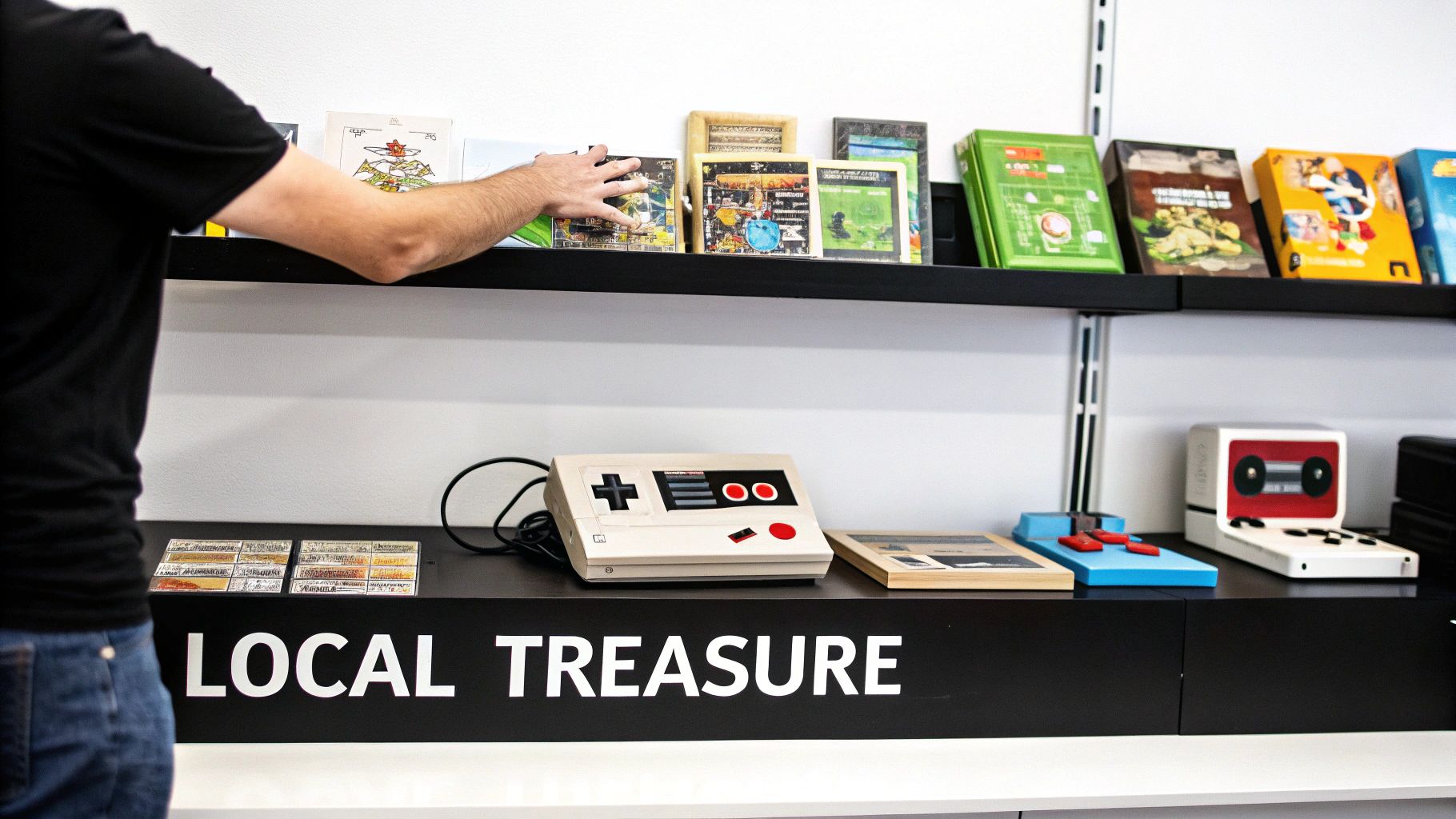A person's hands holding and inspecting a classic retro gaming console.
