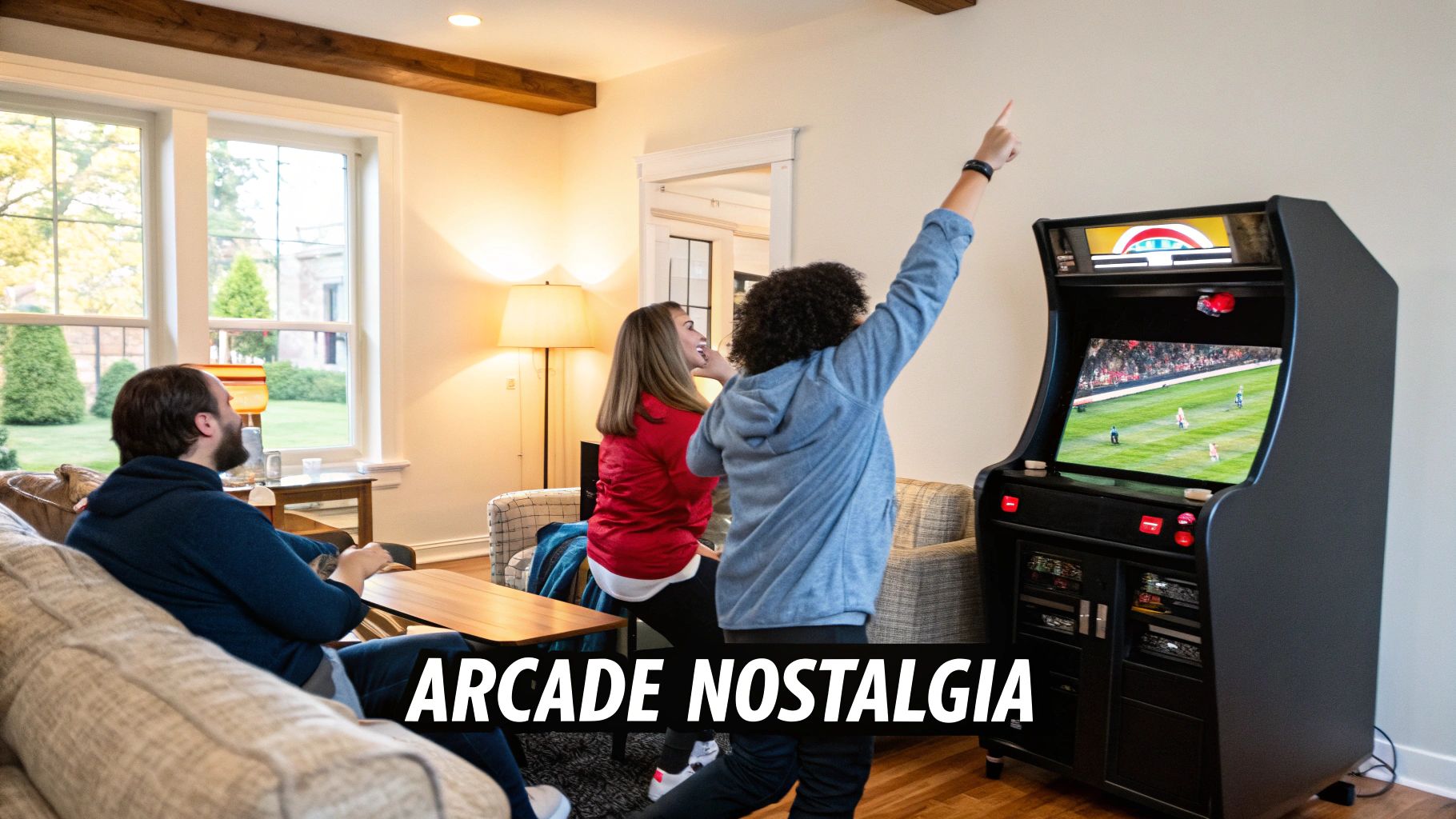 Two people enjoying a classic arcade game console in a cozy living room setting.