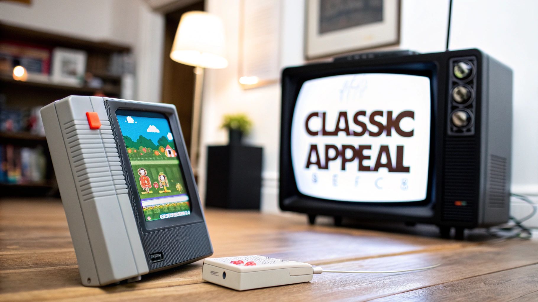 Several classic retro video game cartridges and controllers arranged on a wooden surface, evoking nostalgia.