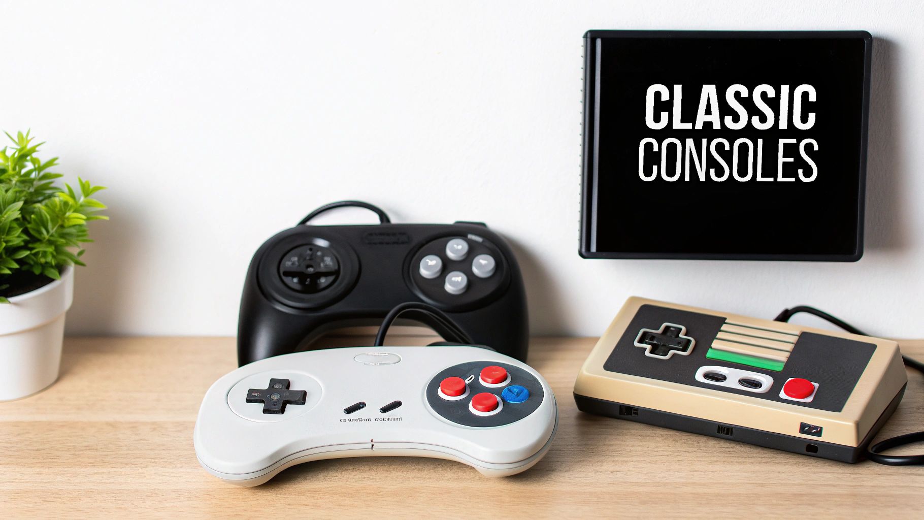 Three classic retro gaming consoles—the NES, Sega Genesis, and SNES—arranged neatly with their controllers.