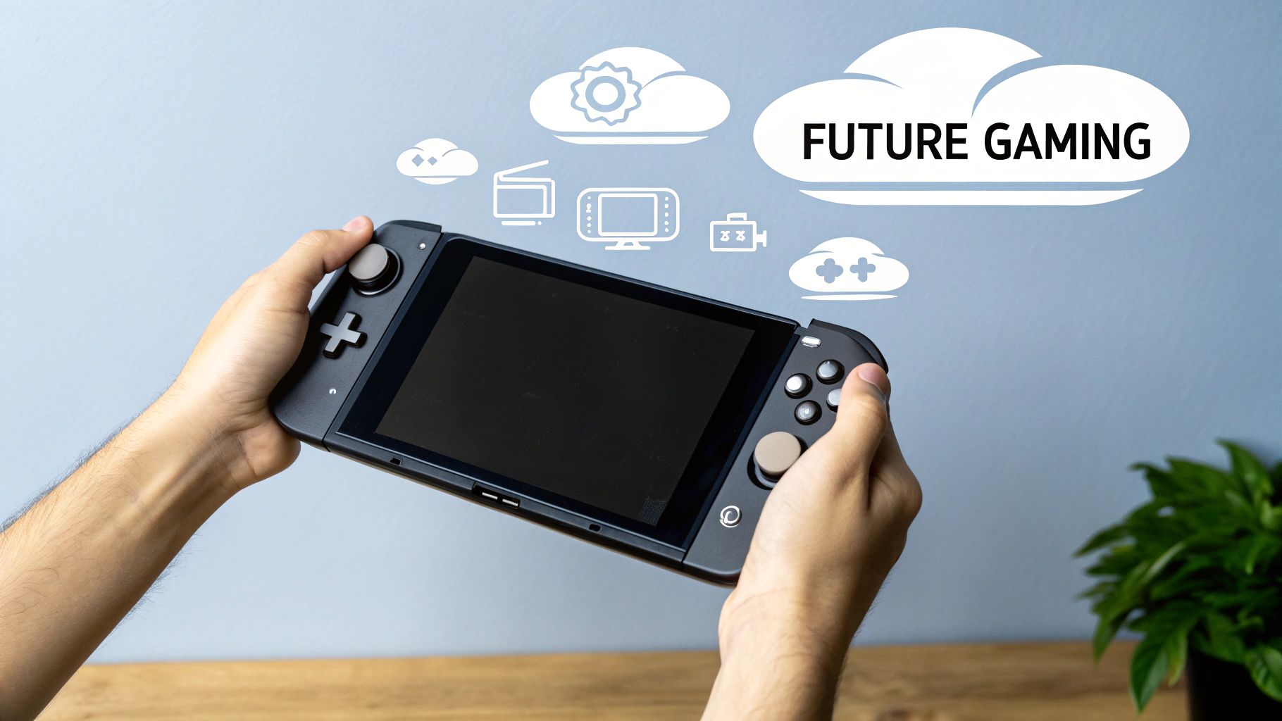 A modern handheld console displaying a vibrant game scene, held by a person.