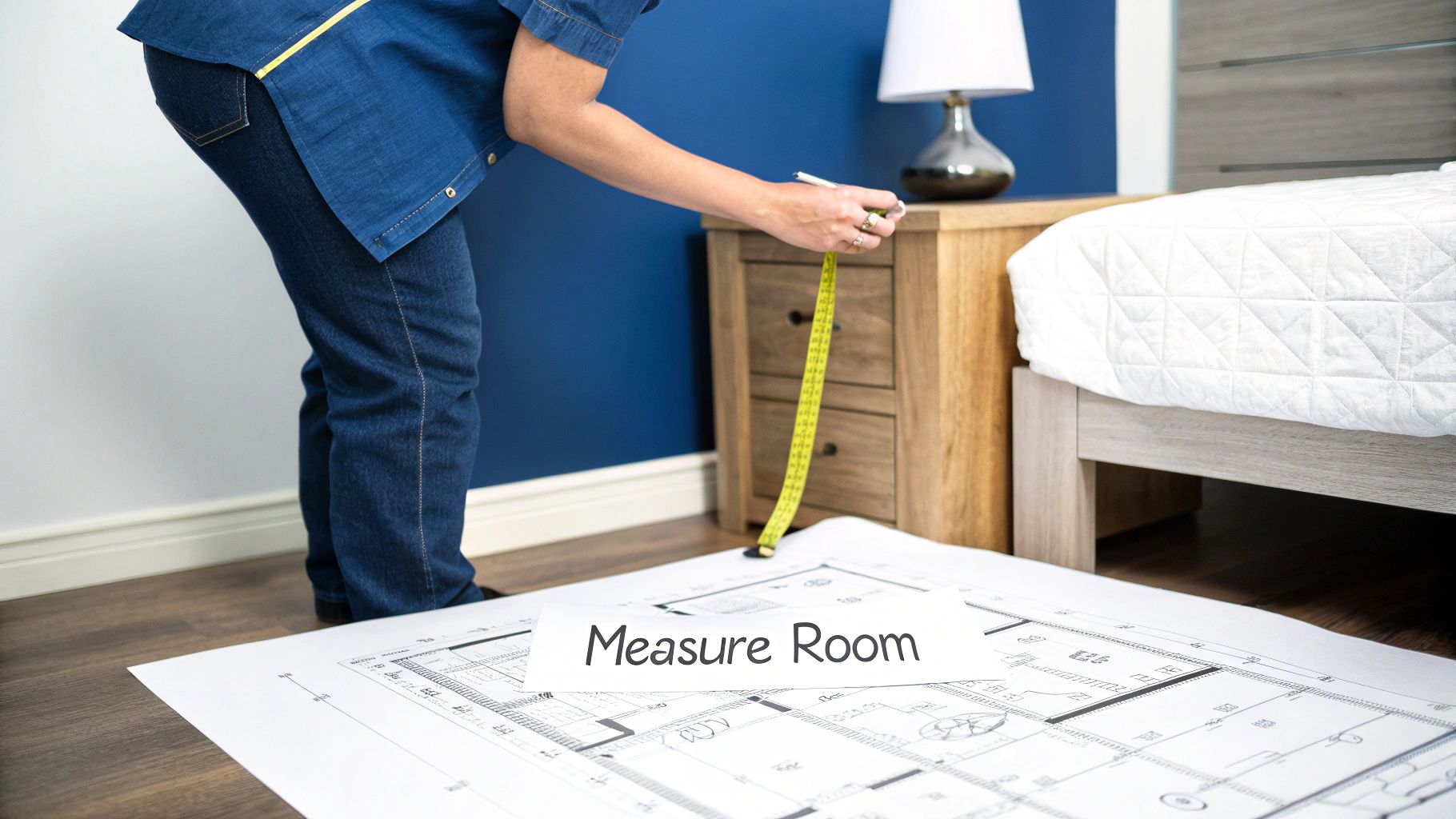 A person in blue jeans measures a room with a tape measure, blueprints for a bedroom on the floor.