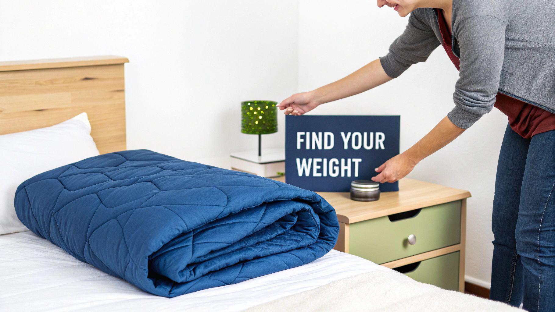 A woman places a "FIND YOUR WEIGHT" sign on a nightstand next to a blue weighted blanket.
