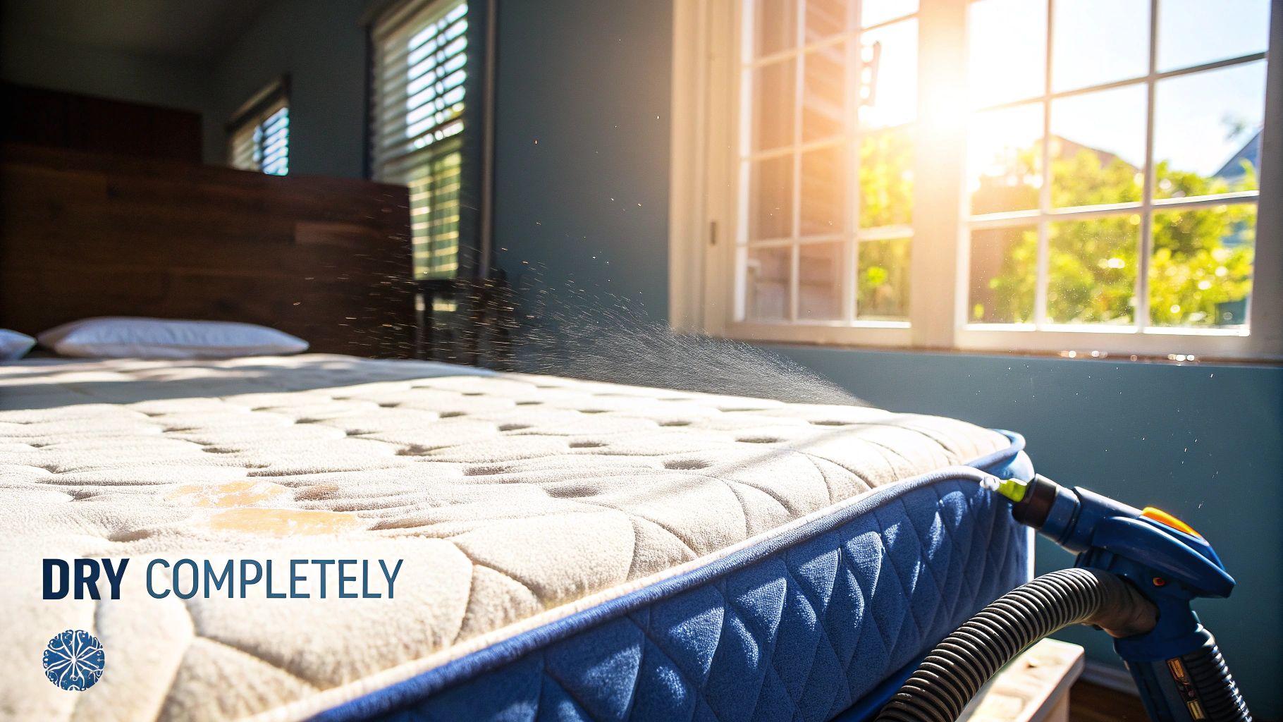 A person uses a spray cleaning tool on a mattress with a visible yellow stain, next to a sunlit window.