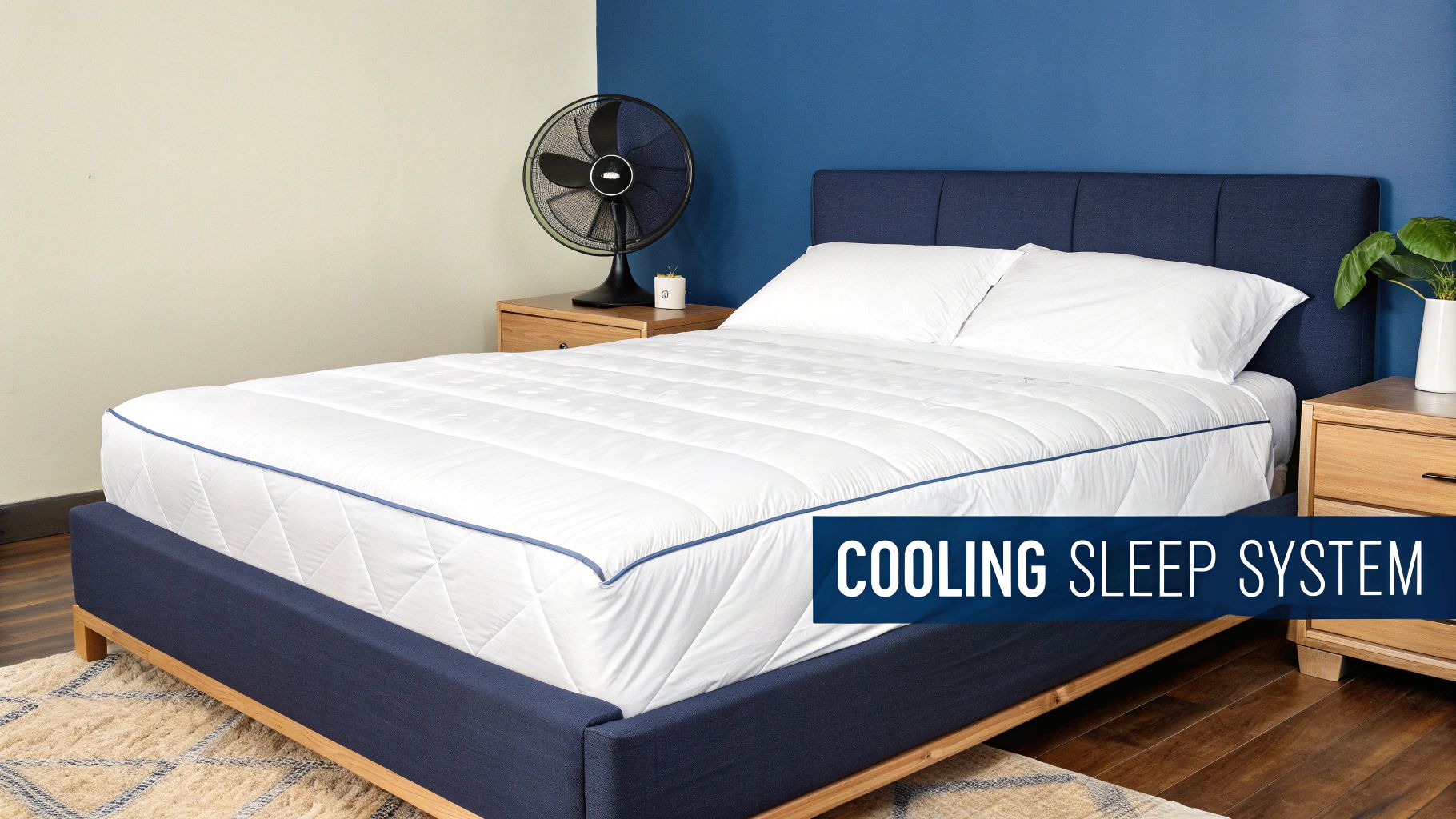 A comfortable bed with a cooling mattress topper and pillows in a modern bedroom with blue walls.