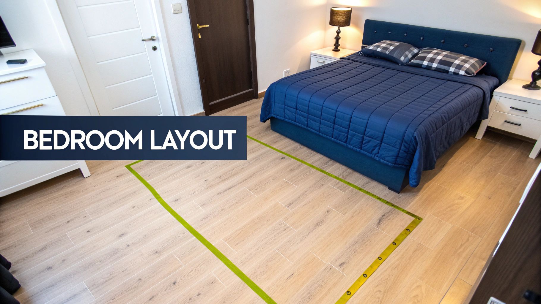 A modern bedroom featuring a blue king-size bed, two nightstands with lamps, and a floor layout marked by green tape.