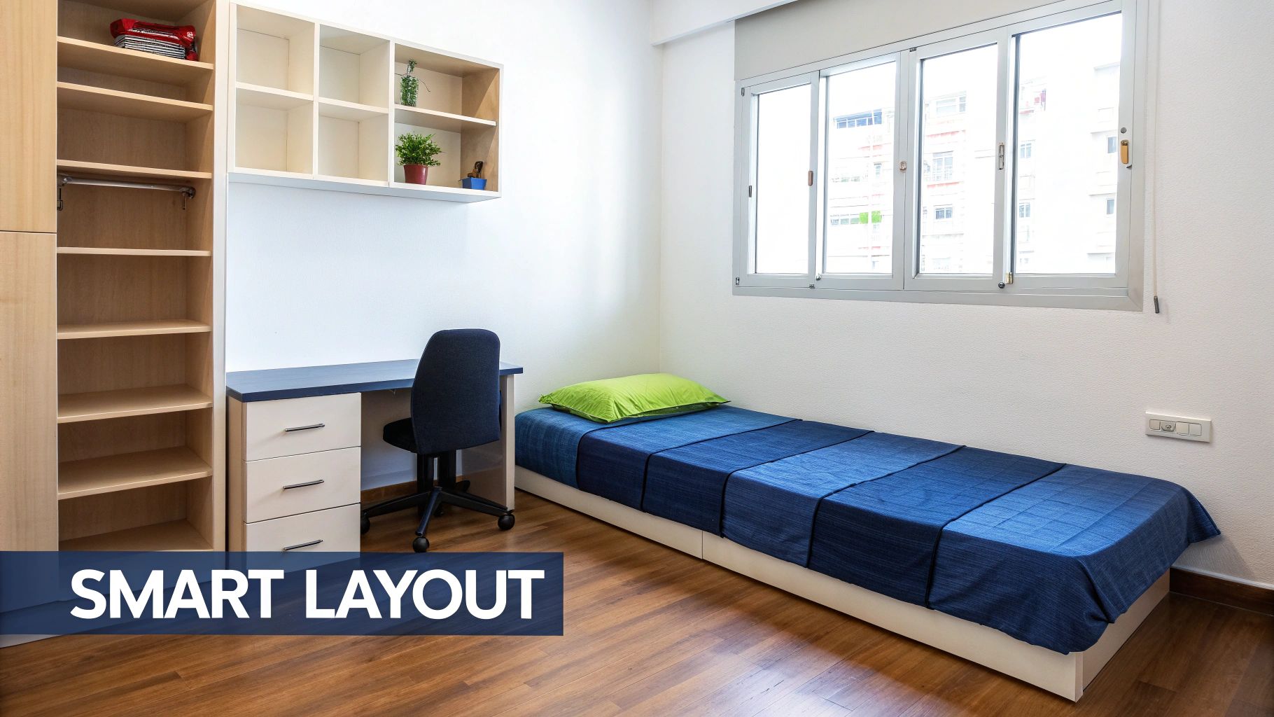 A compact student bedroom with a single bed, desk, chair, built-in wardrobe, and shelving.