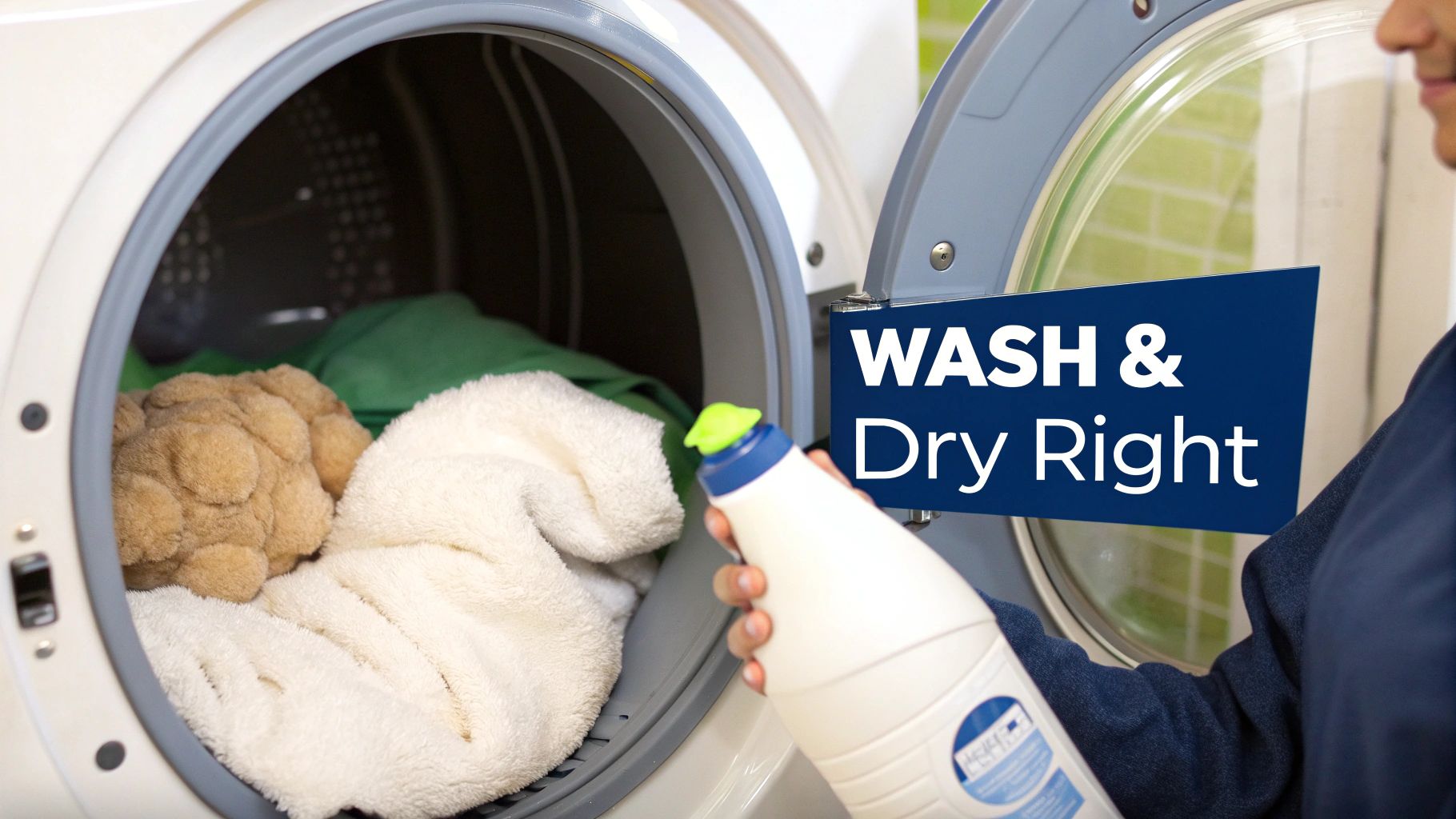 A person adds liquid detergent to a front-load washing machine filled with a duvet insert and towels.