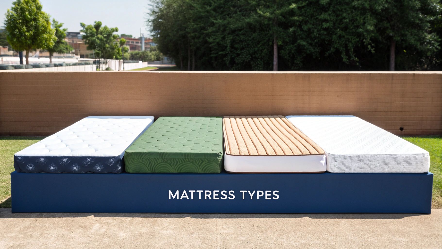 Four different types of mattresses displayed side-by-side on a blue platform outdoors.