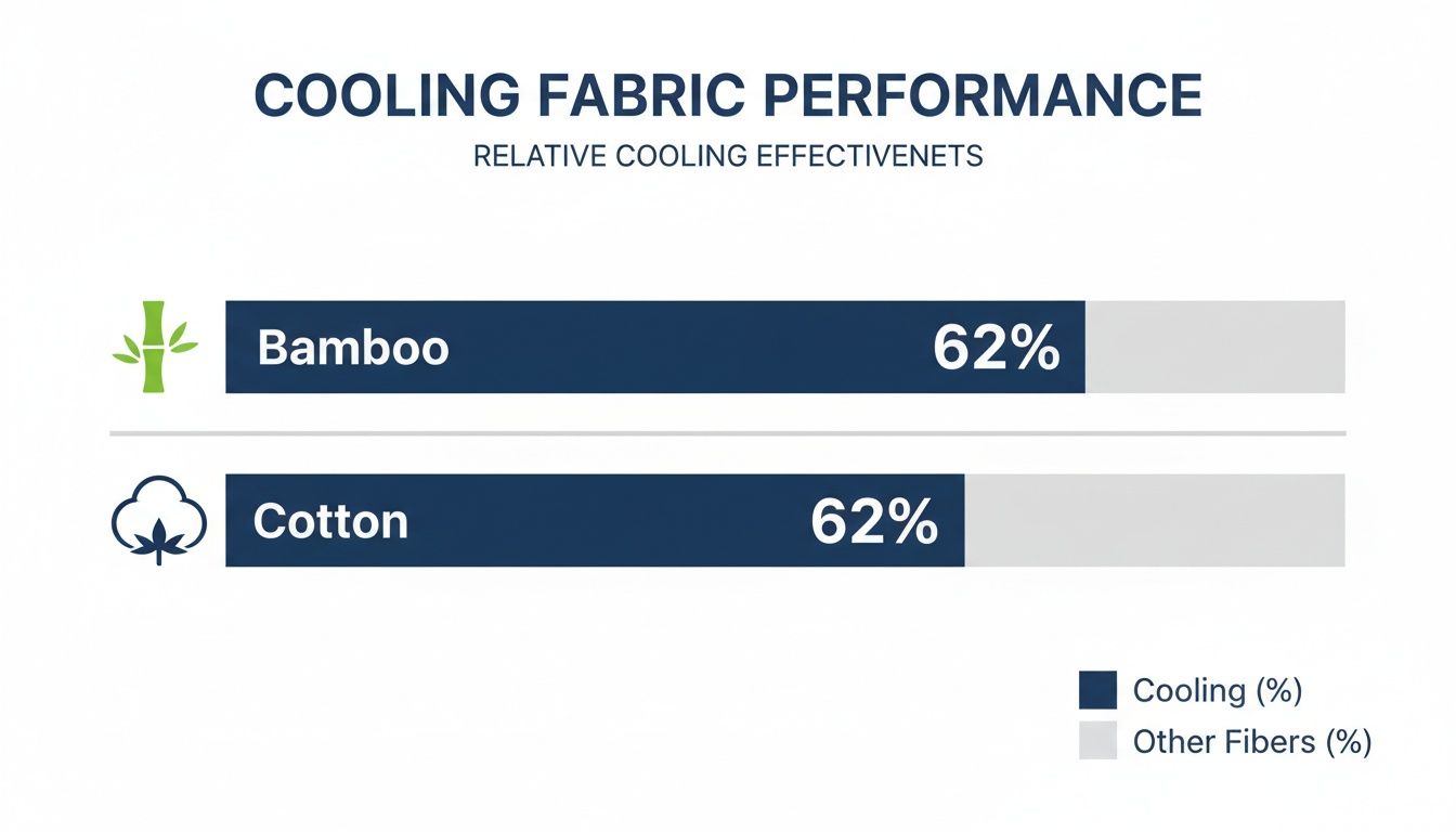 Bar chart comparing cooling fabric performance of bamboo and cotton, both showing 62% cooling effectiveness.