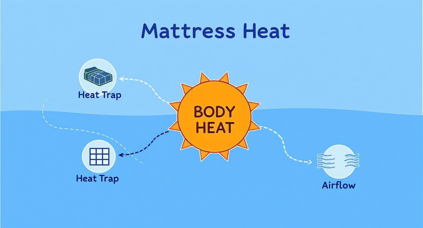 A diagram illustrating mattress heat dynamics: body heat radiating to heat trap elements and dissipating via airflow.