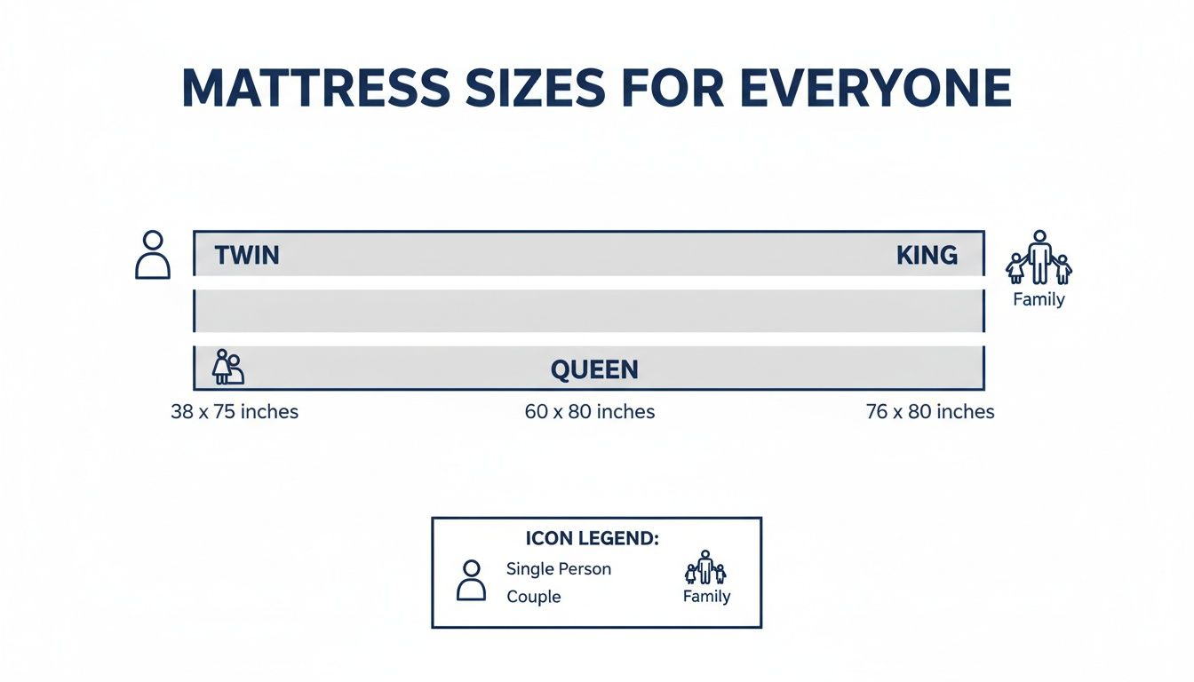 A chart illustrating mattress sizes: Twin (single), Queen (couple), and King (family) with dimensions.