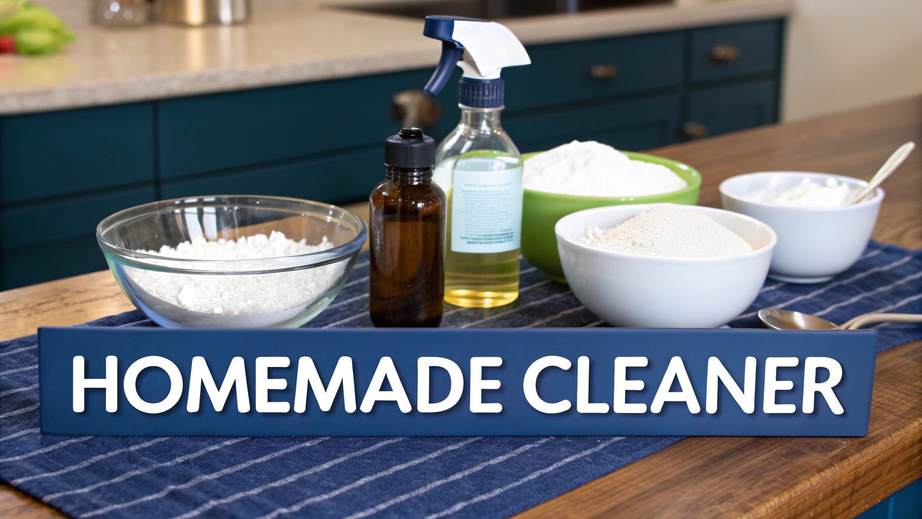 Ingredients for homemade cleaner, including powders and liquids, displayed on a kitchen counter with a 'HOMEMADE CLEANER' sign.