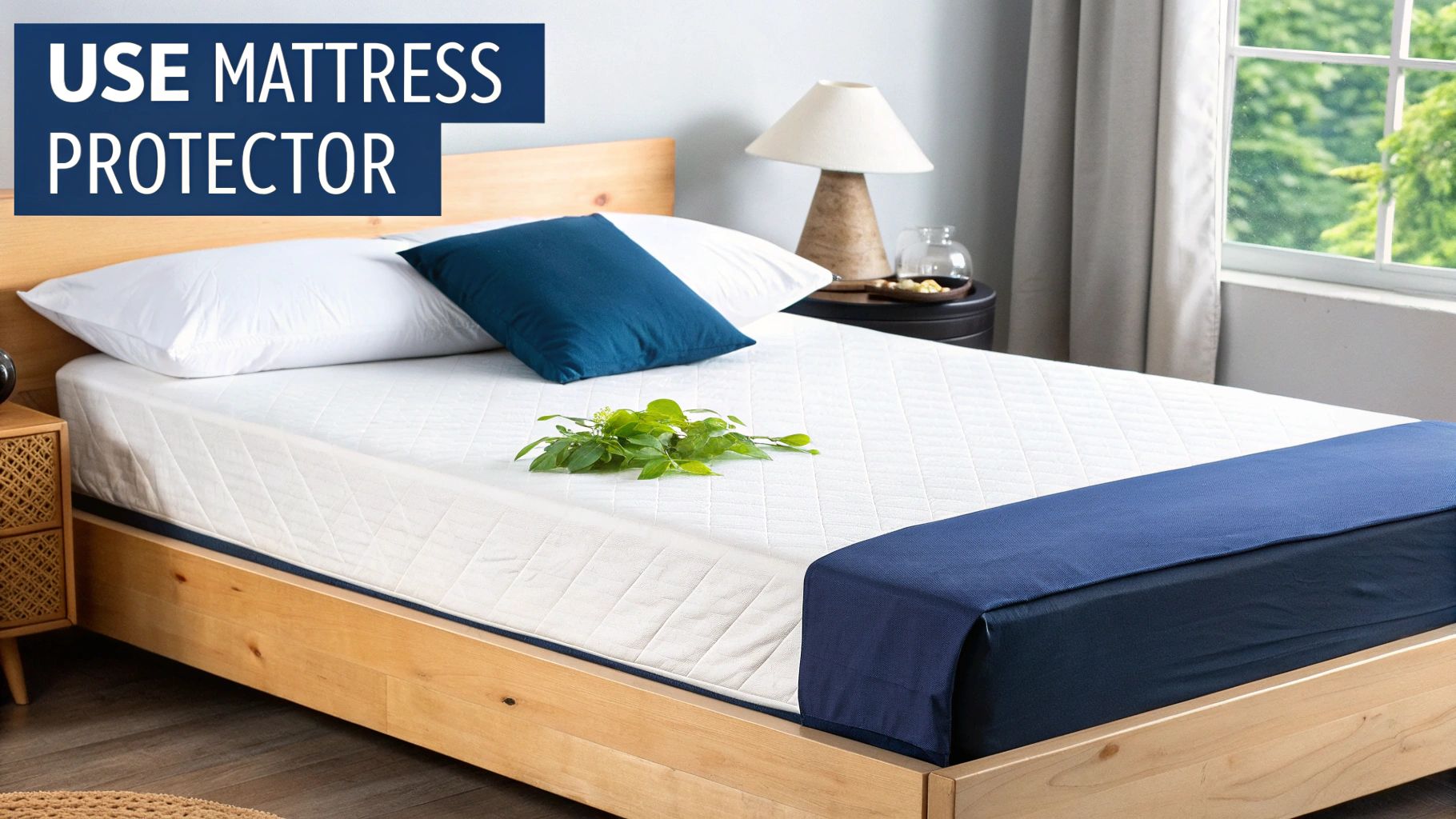 A neatly made bed showcasing a quilted mattress protector, white pillow, and blue accent.