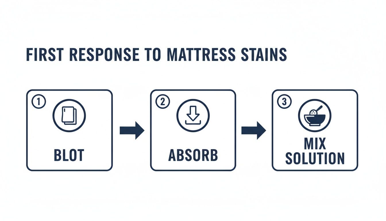 Infographic showing three steps for first response to mattress stains: blot, absorb, and mix solution.